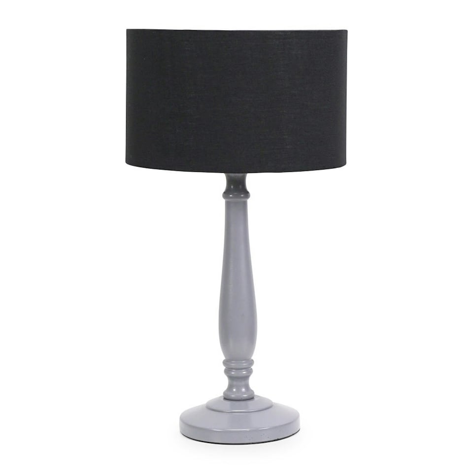 image 1 of ValueLights Victoria Grey Wood Traditional Stem Table Lamp with Black Fabric Drum Shade