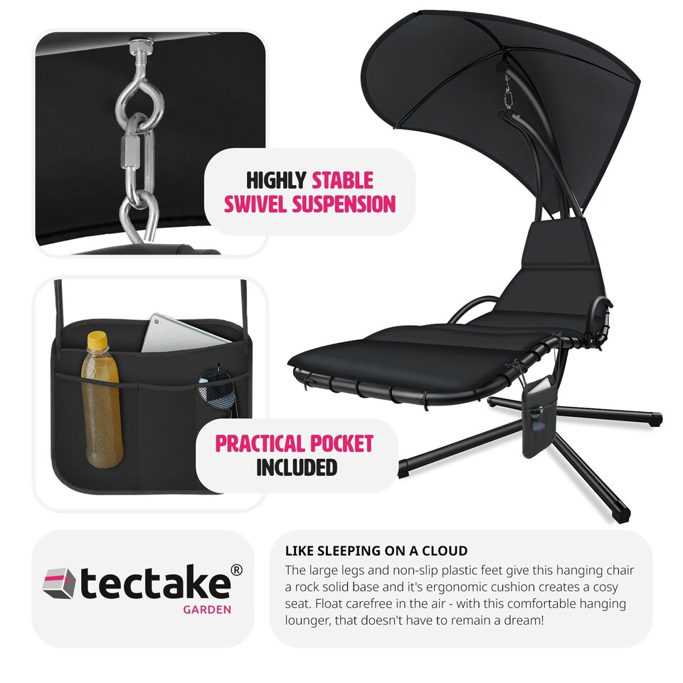 image 1 of Hanging Chair Elaria - large sun canopy with UV-protection, sturdy Black