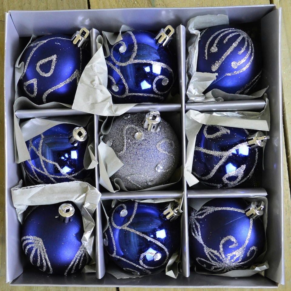 image 1 of 9 Pack Premier 60mm Deluxe Glitter Christmas Tree Baubles - Midnight Blue