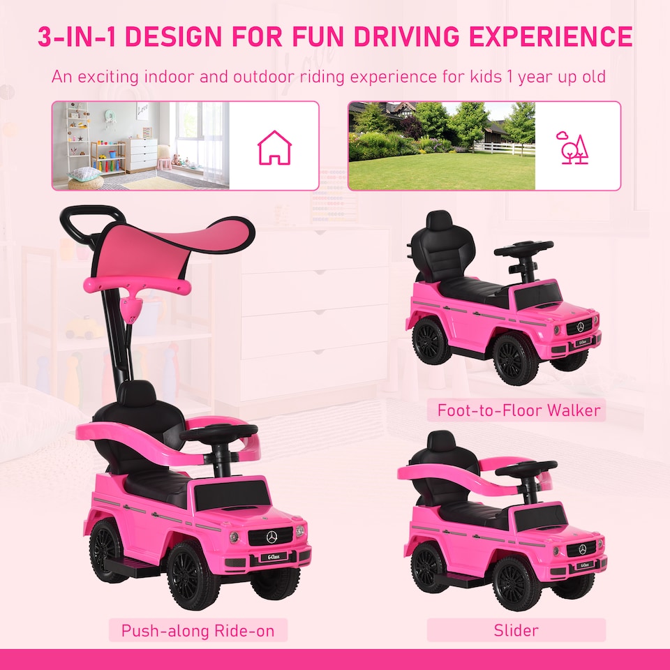 image 1 of HOMCOM 3 in 1 Kids Children Ride on Push Car Toddler Sliding Car G350 Licensed Walker Foot to Floor Slider Push-Along with Horn Steering Wheel NO POWER Manual, Pink