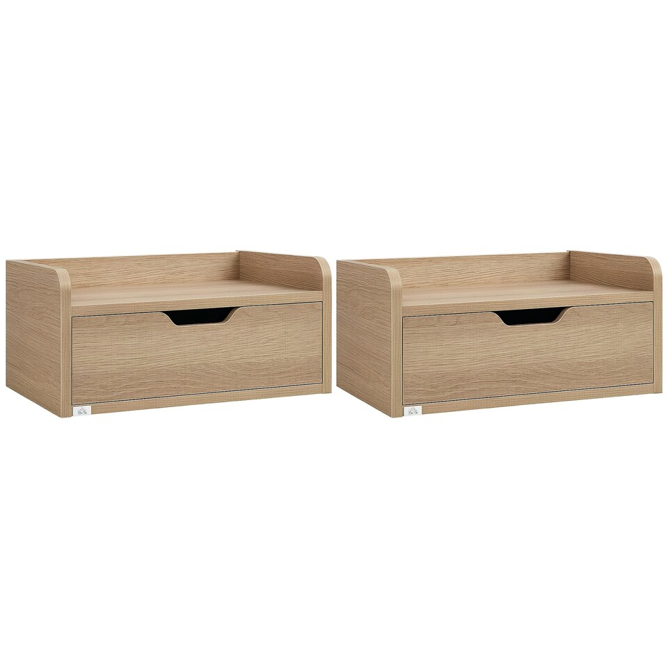 image 1 of HOMCOM Floating Nightstands Set of 2, Wall Mounted Bedside Table with Storage Drawer for Bedroom, Natural