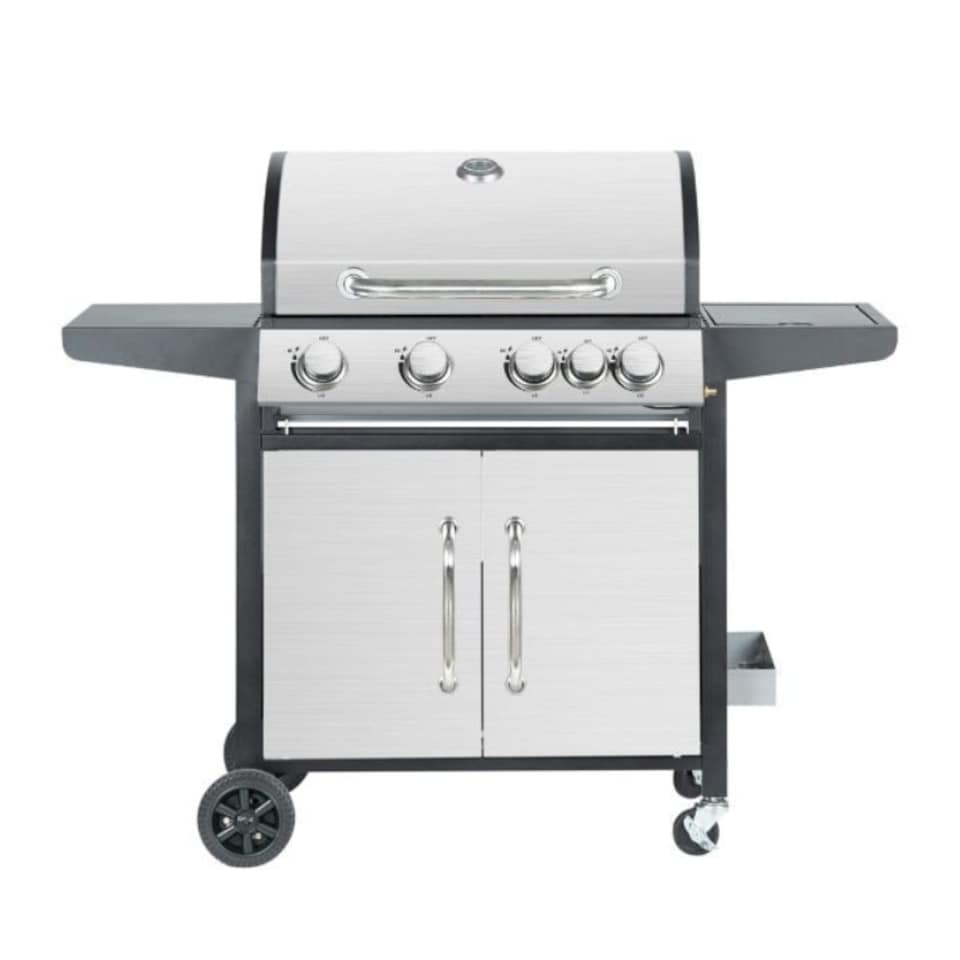 image 1 of 4 + 1 Burner Gas BBQ with Built-in Side Burner, Thermometer & Folding Shelves