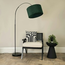 ValueLights Louis Black Arched Curved Floor Lamp with Forest Green Velvet Drum Lamp Shade