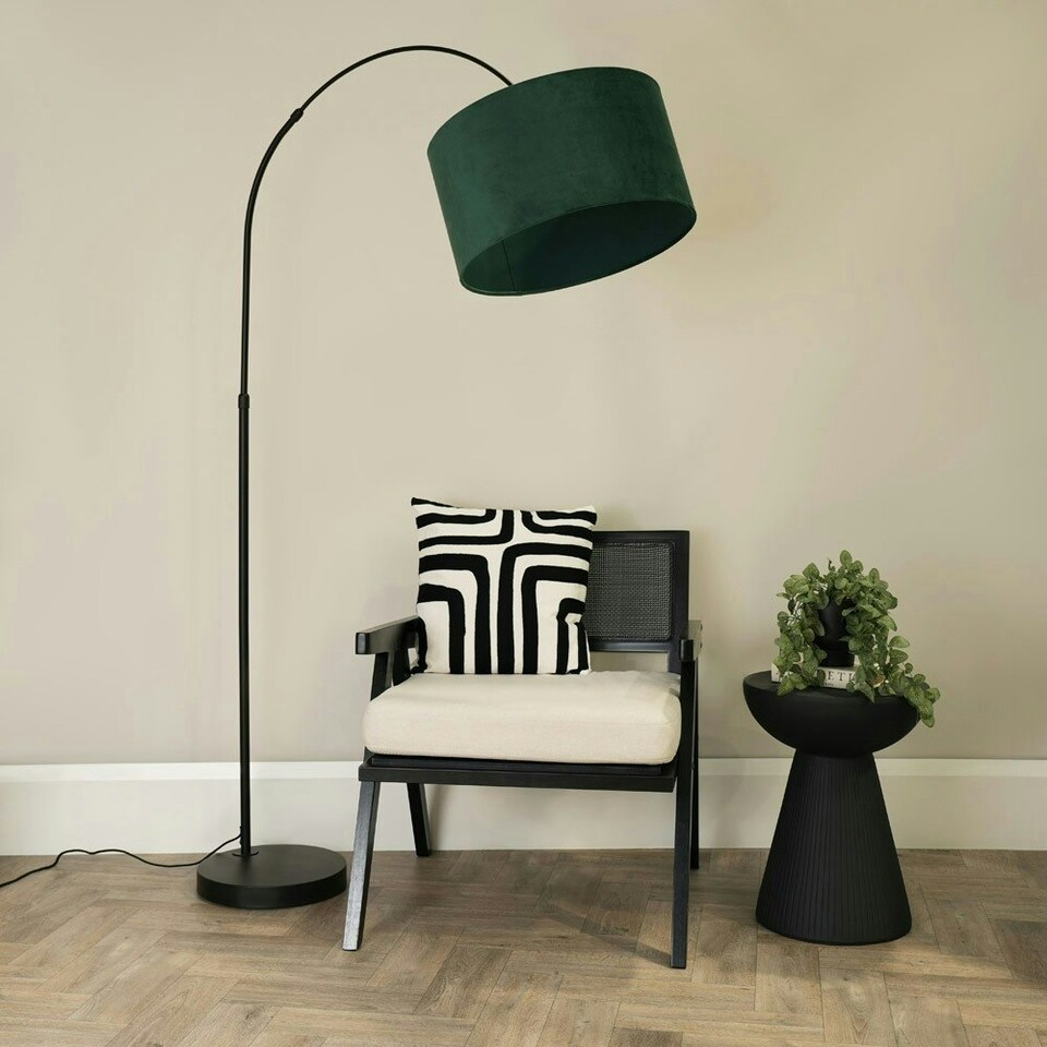 image 1 of ValueLights Louis Black Arched Curved Floor Lamp with Forest Green Velvet Drum Lamp Shade