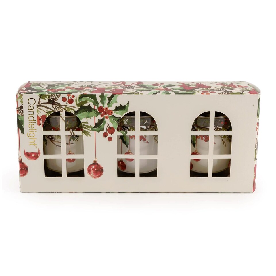 image 1 of Candlelight Set of 3 Christmas Votive Candles Ribbon & Bows