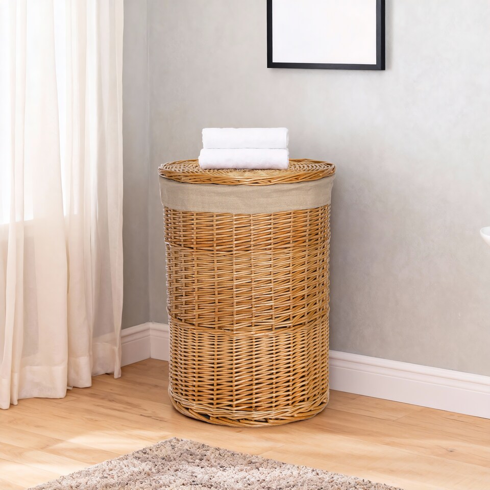 image 1 of Wicker Laundry Hamper Basket, Laundry Basket with Lid, Round Washing Baskets, Wicker Wash Baskets with Lining Bathroom Storage (Brown, Large)