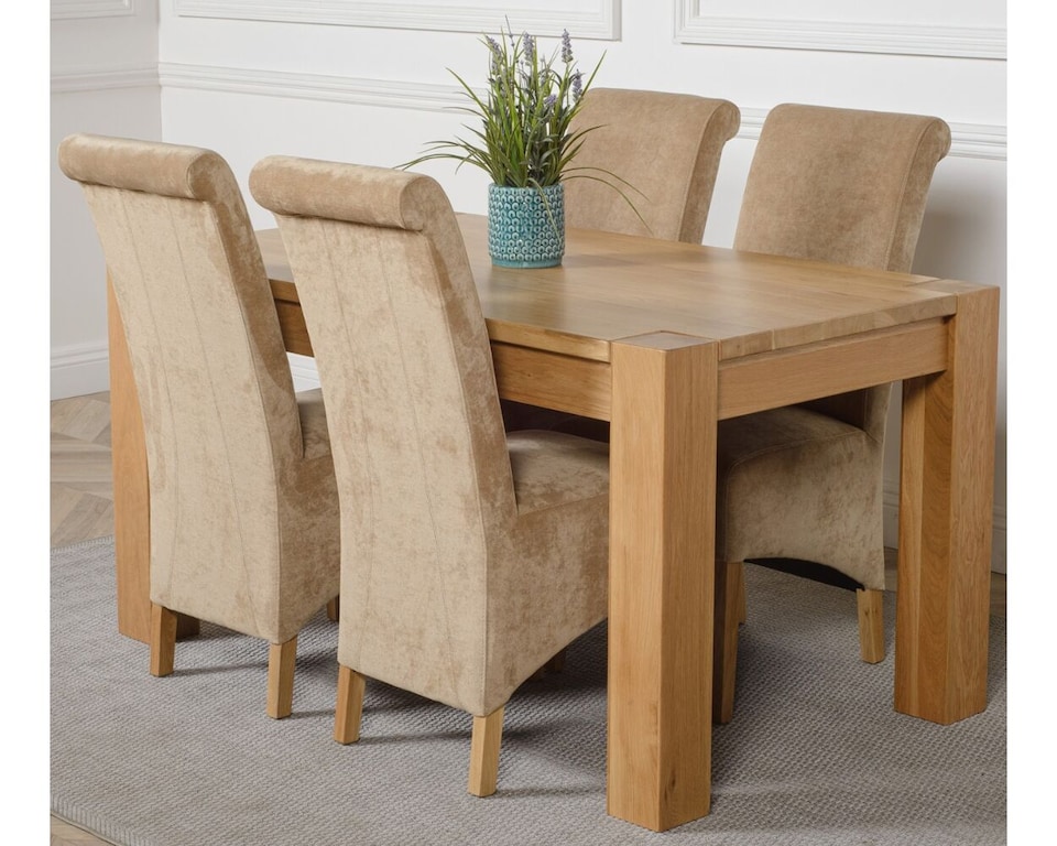 image 1 of Kuba 150 x 85 cm Chunky Medium Oak Dining Table and 4 Montana Fabric Chairs | Brown | Beige