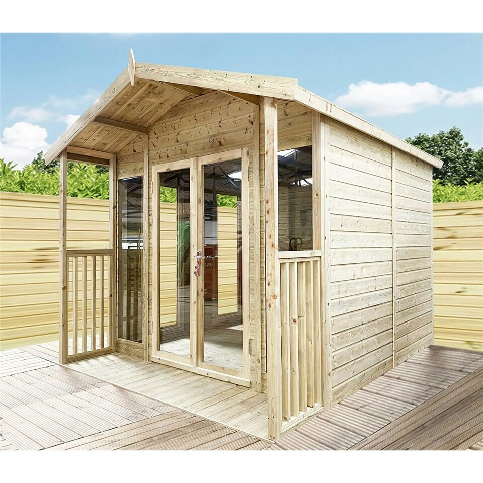 image 1 of 10 x 16 Pressure Treated Tongue And Groove Apex Summerhouse + Overhang + Verandah (10' x 16' / 10ft x 16ft) (10x16)