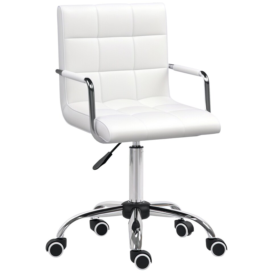 image 1 of Vinsetto Makeup Vanity Chair, PU Leather Mid Back Office Chair with Adjustable Height, Armrest and Rolling Wheels, White