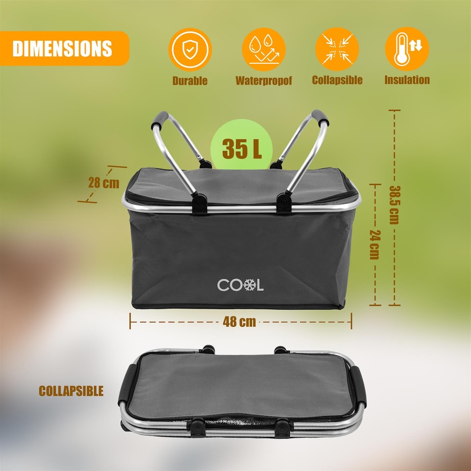 image 1 of GEEZY Insulated Cooler Bag and Folding Picnic Basket Grey 35L
