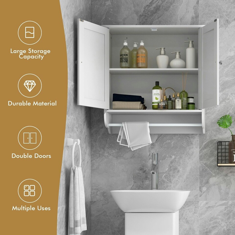 image 1 of COSTWAY Wall-mounted Bathroom Cabinet Storage Medicine Cabinet White