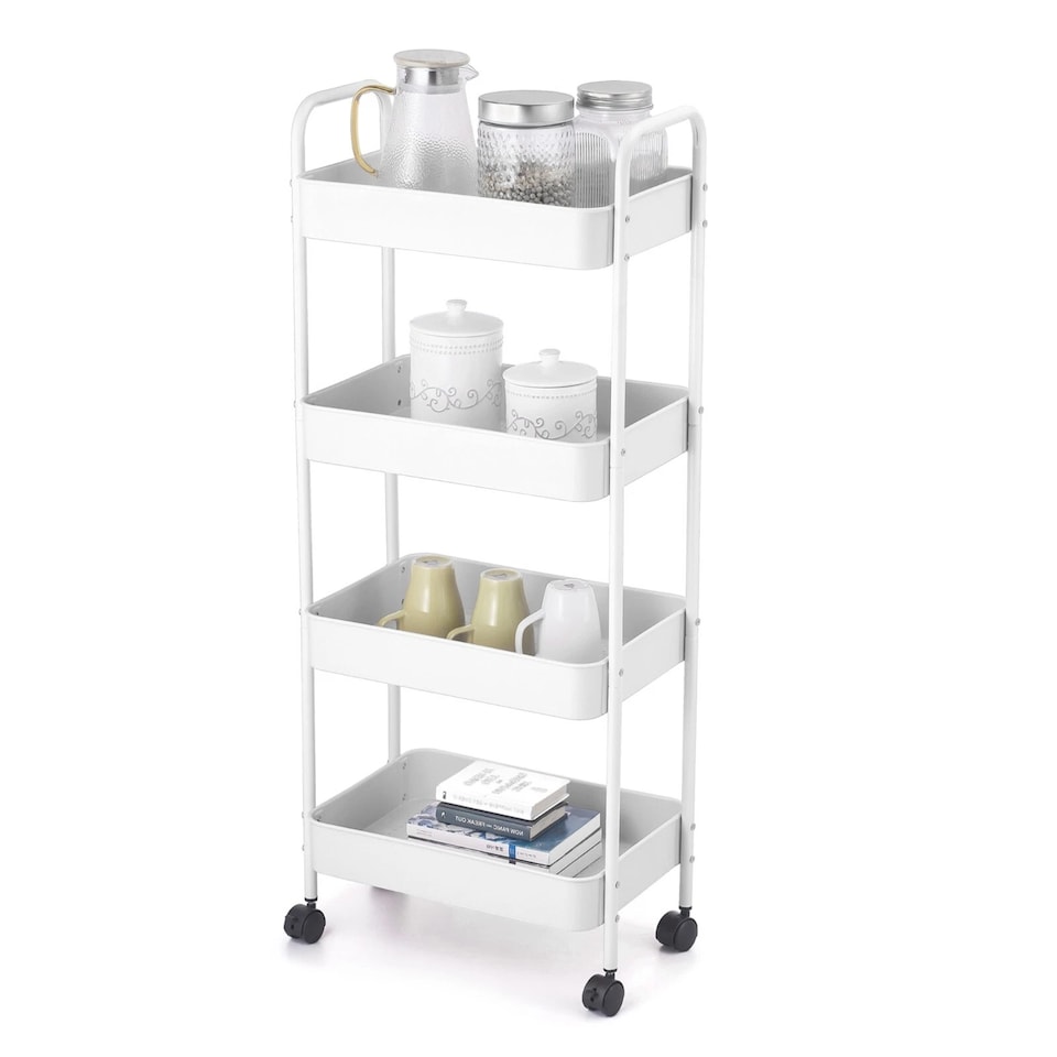 image 1 of Shelf Plastic Slim Storage Trolley Cart Castor Wheels Kitchen Organiser | White | White | 4 Tier White