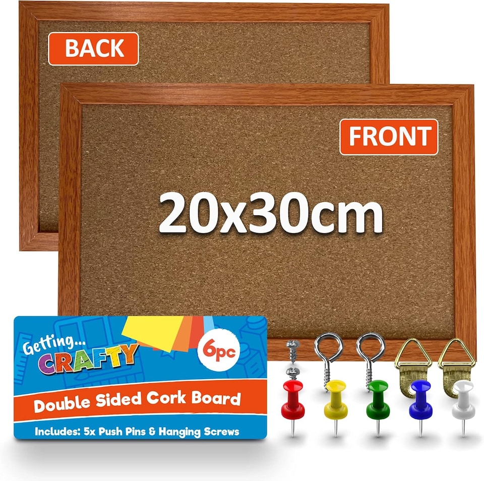 image 1 of Double Sided A4 Cork Board with Pins, Screws & Hangers – Lightweight Portable Notice Board for Photos, Memos, Art Projects & Notes