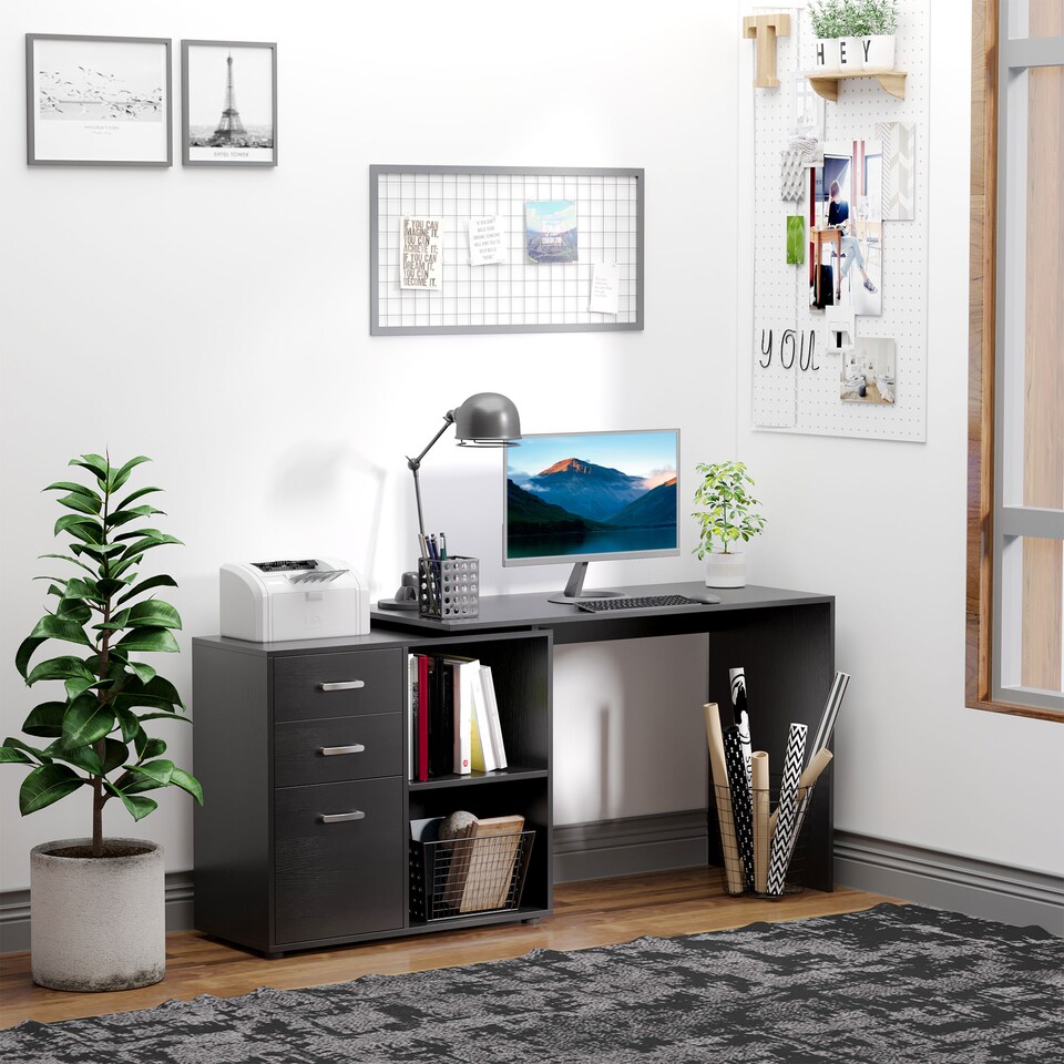image 1 of HOMCOM L Shaped Computer Desk, Reversible Home Office Desk with Drawers, File Cabinet and Storage Shelves, Study Table, 117 x 83.5 x 76cm, Black