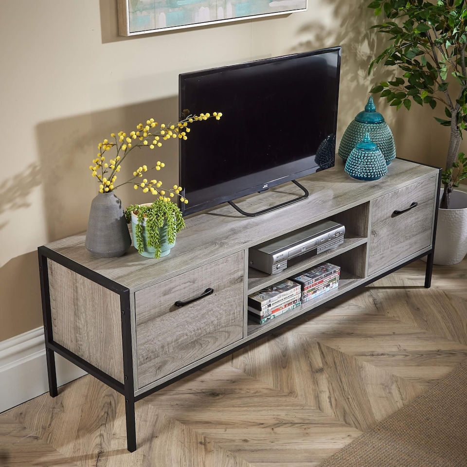 image 1 of TV Unit Media Stand Storage Cabinet Modern Oak Finish Cupboard and Shelf Storage | Grey