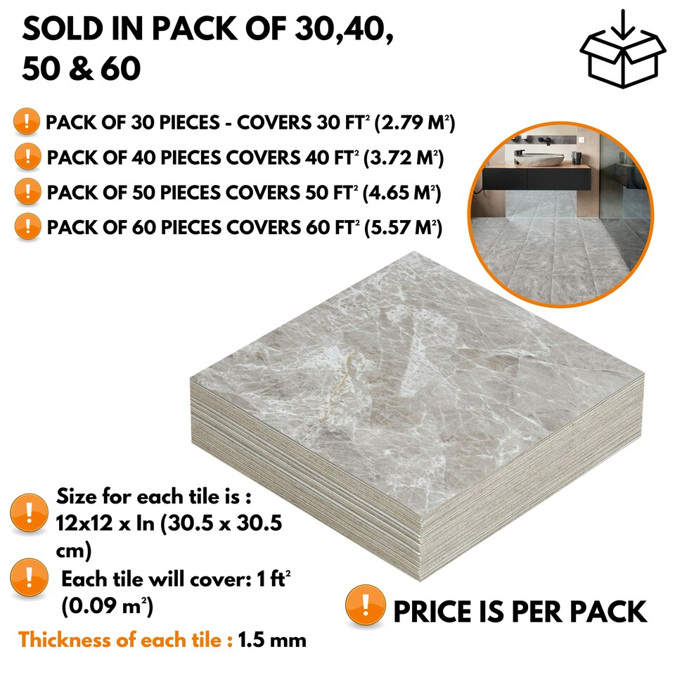 image 1 of Vinyl Floor Tiles Self Adhesive – 30 Pack Covers 30 sqf (2.79sqm) – 12x12in (30.5x30.5cm) Waterproof Peel & Stick Vinyl Flooring for Kitchen, Bathroom & Home Light Grey Marble