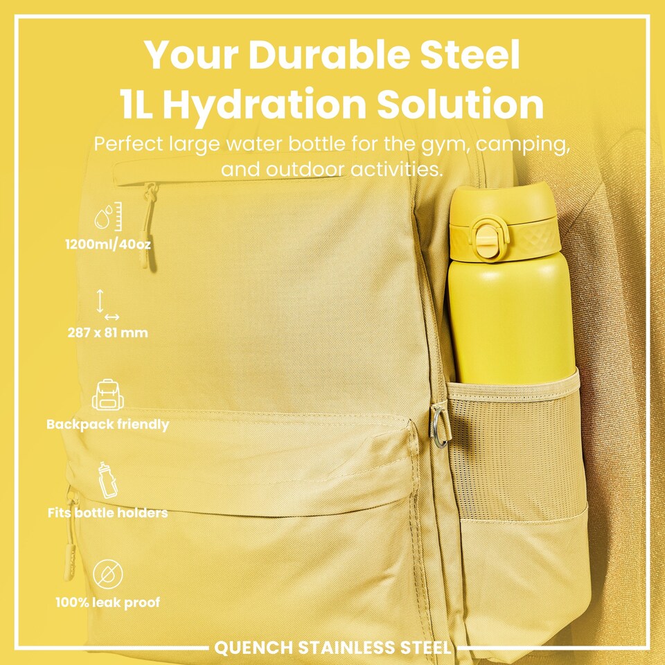 image 1 of Leak Proof 1 Litre Water Bottle, Stainless Steel, 1200ml (40oz) | Yellow | Yellow | One Size