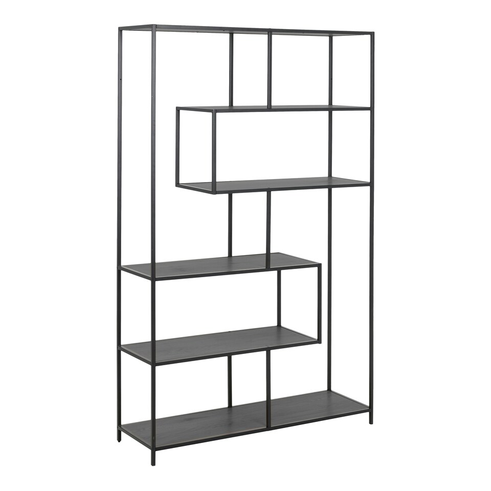 image 1 of Seaford Black Metal Large Asymmetrical Bookcase with 5 Black Shelves