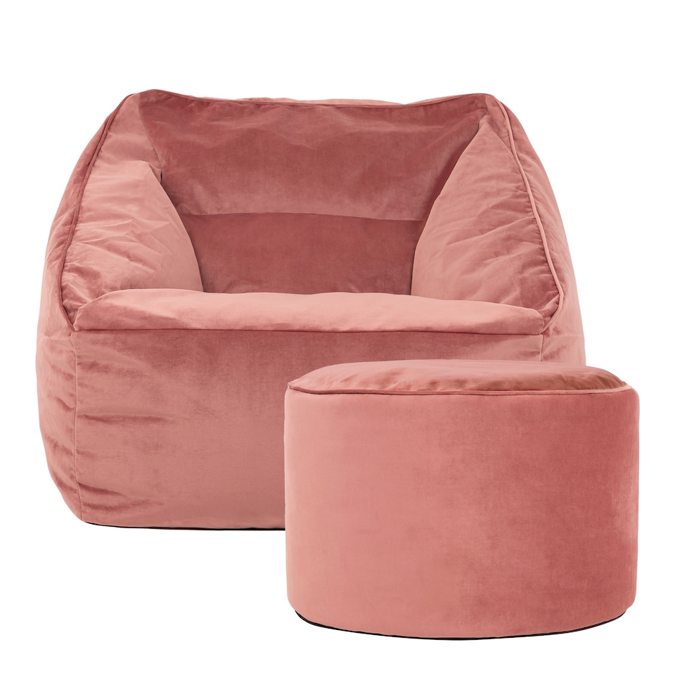 image 1 of Natalia Velvet Adults Bean Bag Armchair and Pouffe, Ready Filled Large Beanbag and Footstool Dusk Pink | Pink | Dusk Pink | XL | 2