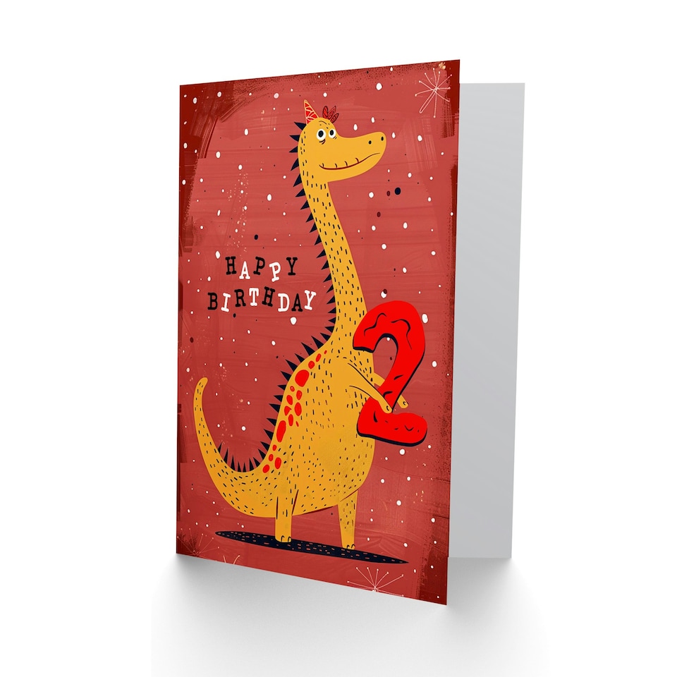 image 1 of Spiky Yellow Red Dinosaur Cartoon Cute 2nd 2 Year Old Child Kids Birthday Card