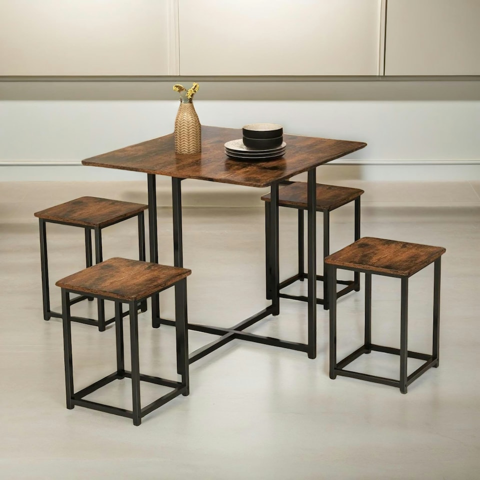 image 1 of 5-Piece Dining Table And Square Stool Set Kitchen Rustic Brown Brown