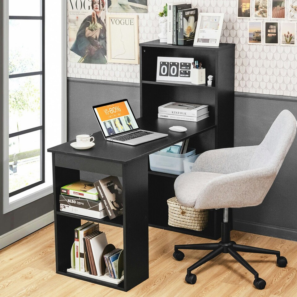 image 1 of COSTWAY Computer Desk Workstation 6-Tier Storage Shelves Black Black