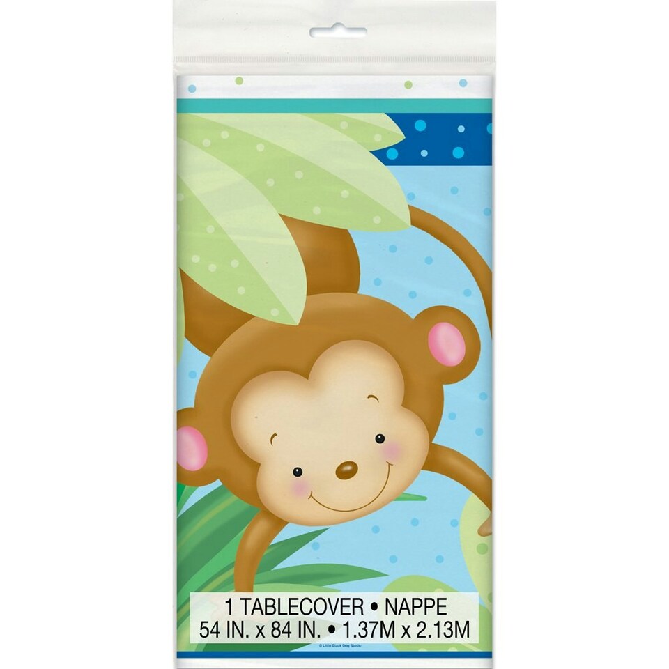 image 1 of Unique Party Plastic Monkey Baby Shower Party Table Cover - White/Blue/Green - One Size