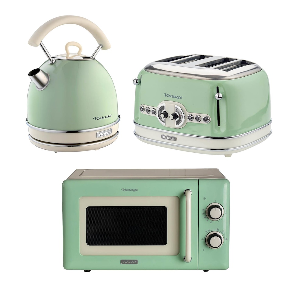 Ariete Vintage Breakfast Set, Retro 4-Slice Toaster with 6 Browning Levels, 2000W Fast-Boil Kettle & 800W Microwave, Green