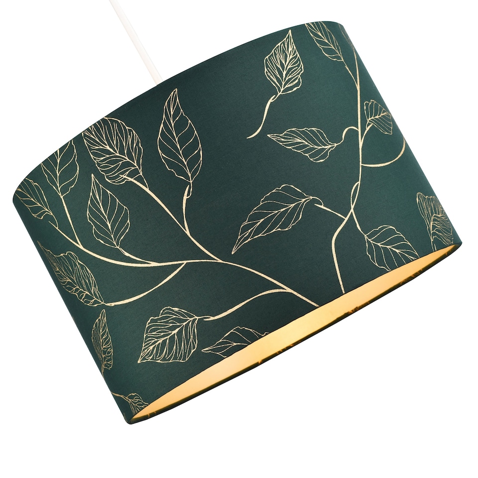 image 1 of Modern Forest Green Cotton Fabric Drum Lamp Shade with Gold Foil Floral Design | Green