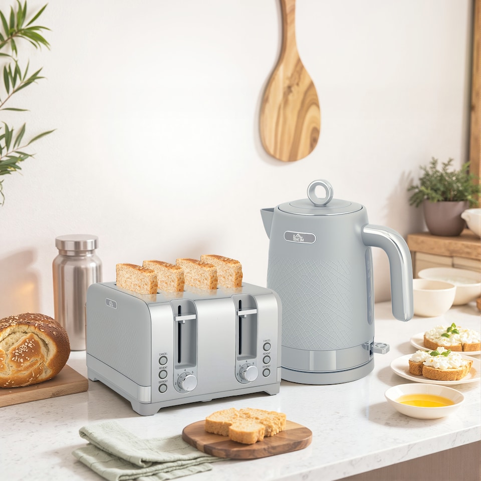 image 1 of HOMCOM Kettle and Toaster Set, 1.7L 3000W Rapid Boil Jug Kettle with Otter Thermostat, Limescale Filter, 4 Slice Toaster with 7 Browning Controls, Crumb Tray, Grey | Grey