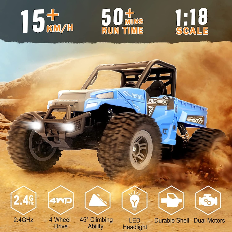 image 1 of Blue 2.4GHz 4WD Remote Control Off-Road RC Car with LED Lights – High-Speed Drift Car, Rechargeable All-Terrain Monster Truck Toy