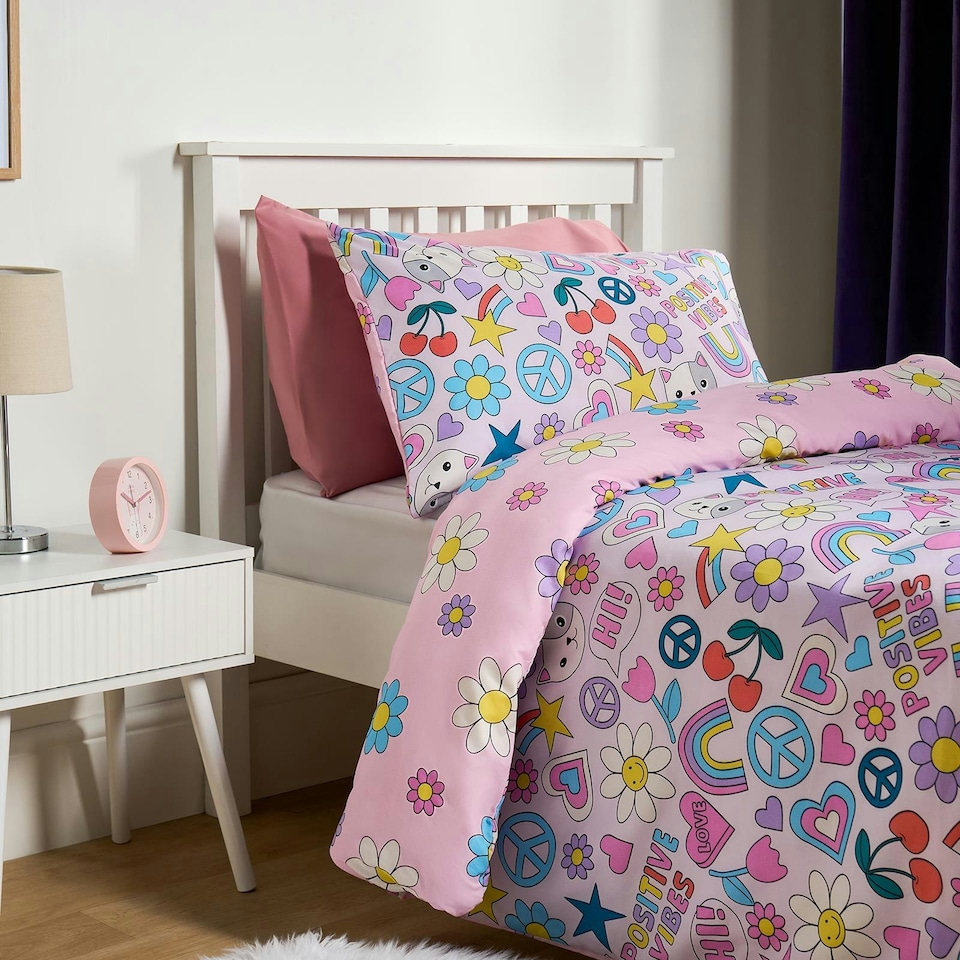 image 1 of OHS Positive Vibes Printed Duvet Cover Set - Multi Multi | Pink/Purple | Single