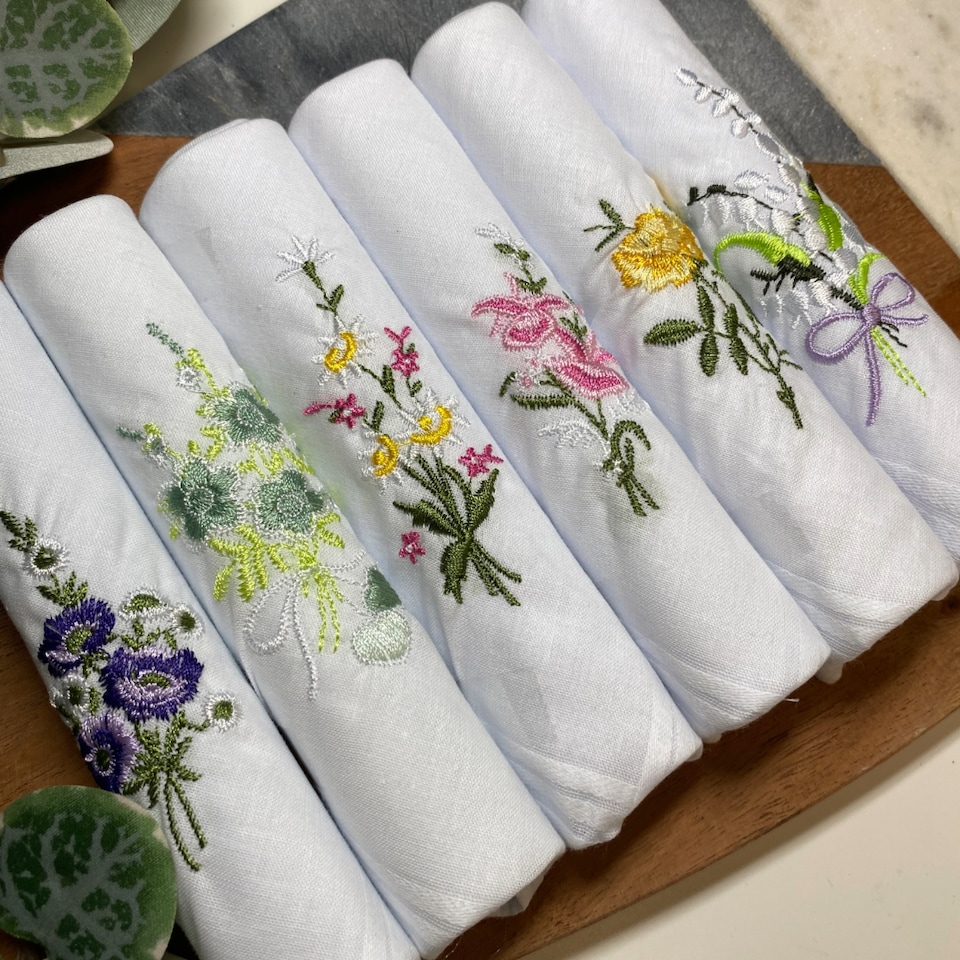 image 1 of Warwick & Vance Pack Of 6 Ladies White Handkerchiefs, Floral Embroidered Collection With Satin Stripe Borders