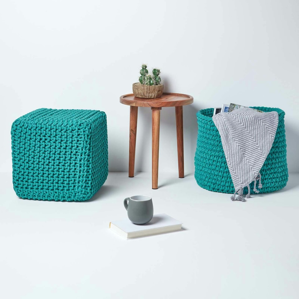 image 1 of Homescapes Teal Green Cube Cotton Knitted Pouffe Footstool