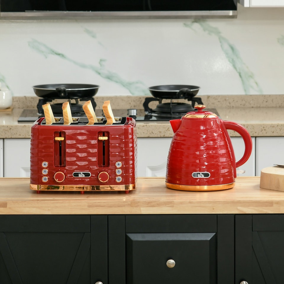 image 1 of HOMCOM Kettle and Toaster Set 1.7L Rapid Boil Kettle & 4 Slice Toaster Red