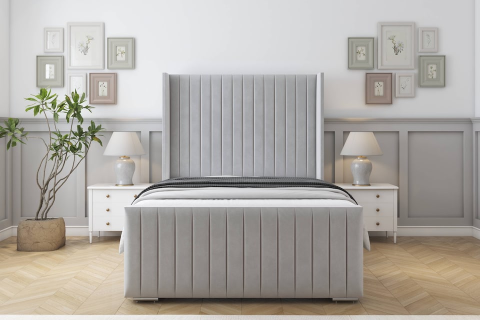 image 1 of Sloomy Marlborough Silver Plush Bed Frame With 50"  Upholstered Wingback Headboard 5' King
