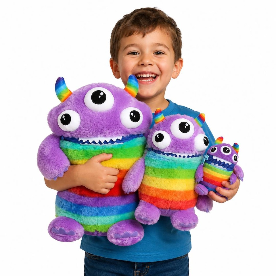 image 1 of Kids Worry Yummy Monster Cuddly Plush Toy Gift Set of 3 - Jumbo, Large and Clip-On Sizes Included
