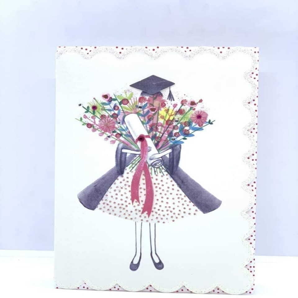 image 1 of Graduation Card Finished with Glitter and Diamantes Girl with Flowers