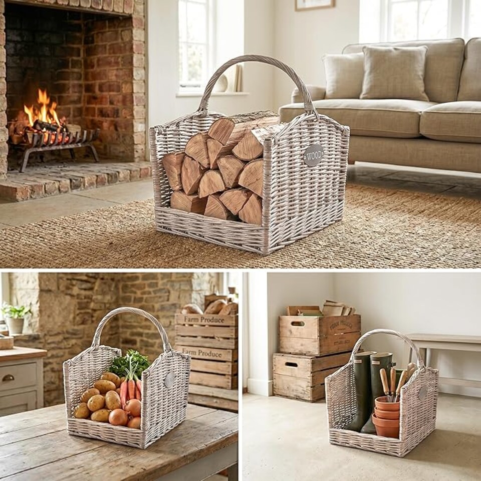 image 1 of Wickerfield Wicker Log Basket, Grey Firewood Basket With Handle, Rustic Fireside Wood Storage Basket For Fireplace, Wood Burner And Kindling (Medium)