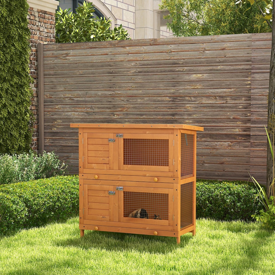 image 1 of PawHut 2-Tier Wooden Rabbit Hutch with Sliding Tray