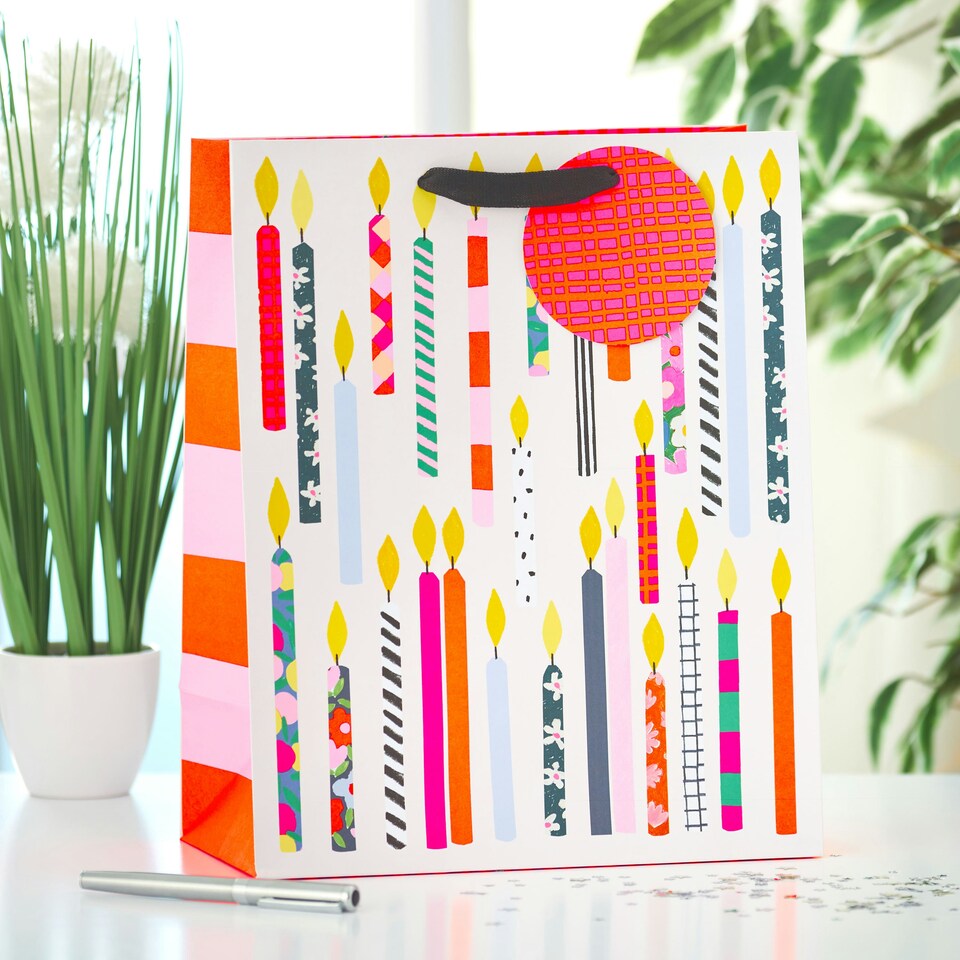 image 1 of Multipack of 3 Large Gift Bags | Party Bags for Presents | Birthdays | For Her/Friend | Candles Design Orange