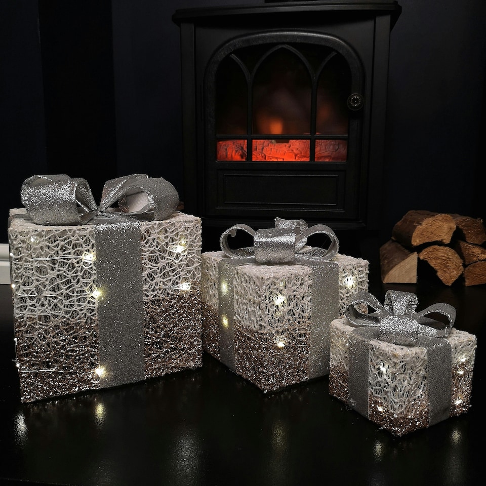 image 1 of Set of 3 Battery Operated Gold Sparkly Christmas Gift Boxes with LEDs