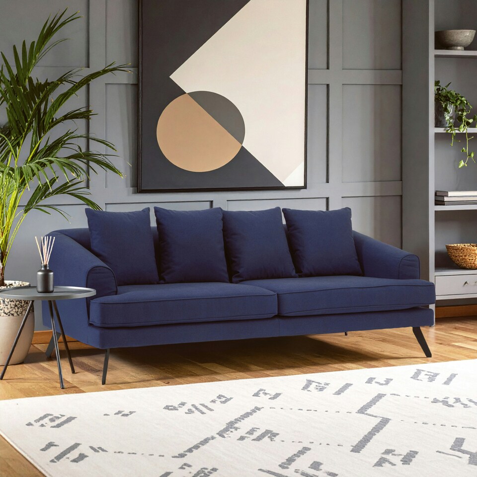 image 1 of Comfortable 3 Seater Navy Fabric Sofa, Stylish Mid Century Sofa For Bedroom, Functional 3 Seater Sofa Blue