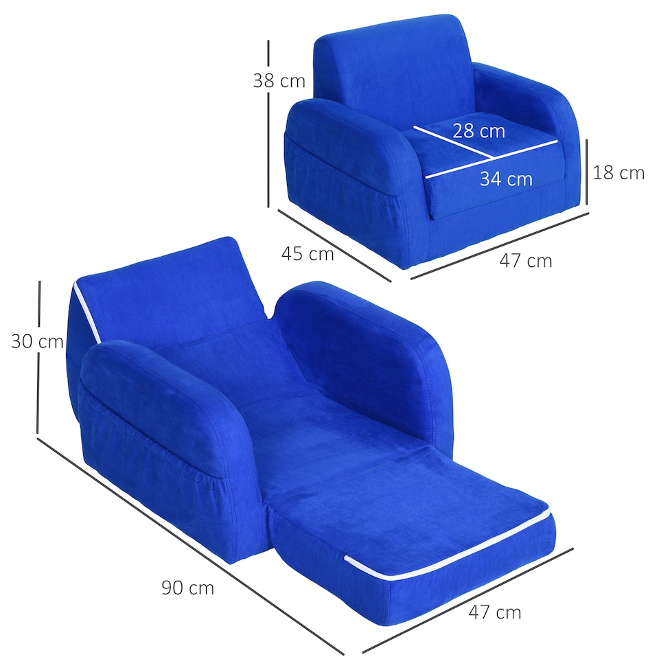 image 1 of HOMCOM 2 In 1 Kids Sofa Chair Bed Folding Couch Flannel Foam for 3-4 years | Blue | One Size