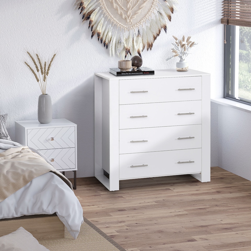image 1 of HOMCOM Chest Of 4 Drawers Storage Cabinet Bedroom Clothes w Metal Handles Base Freestanding Unit Furnishing Living Room White