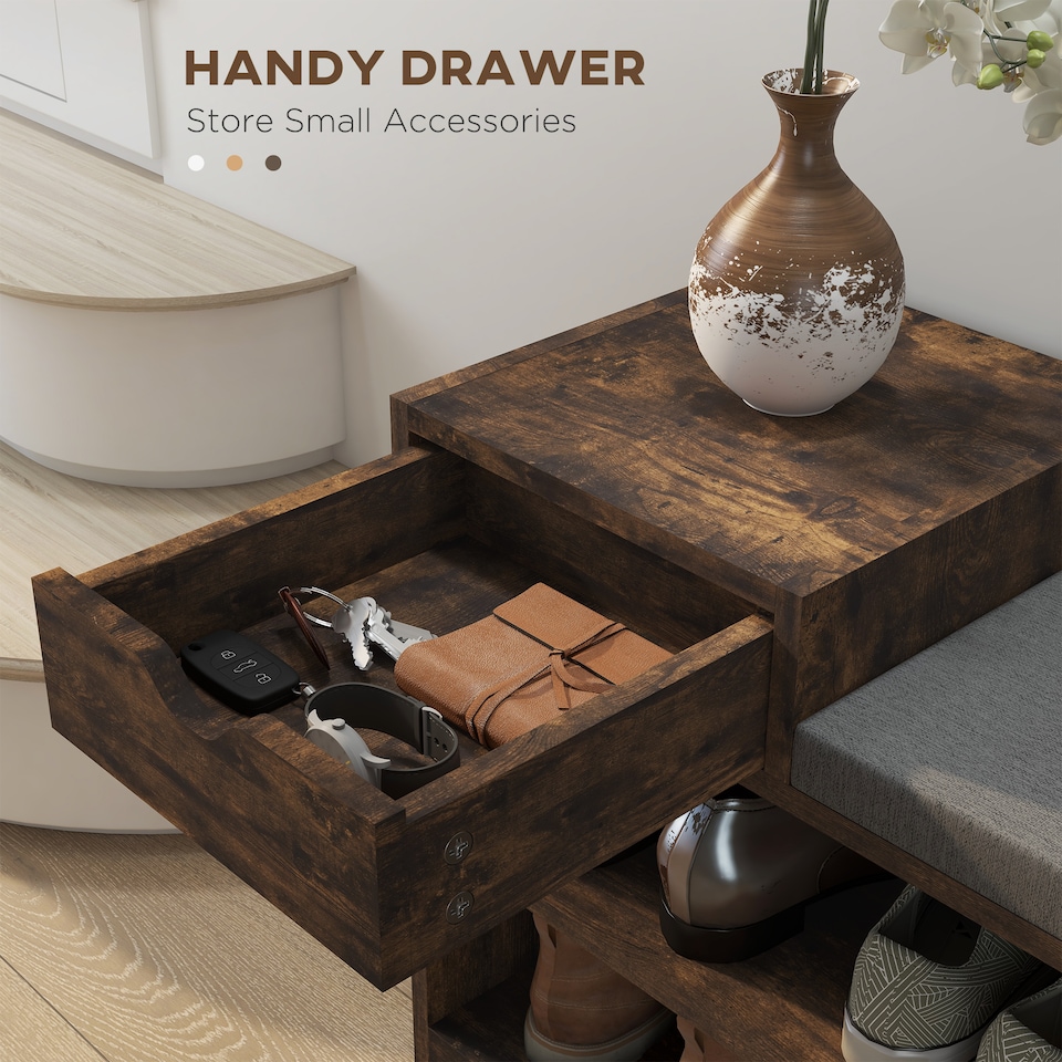 image 1 of HOMCOM Shoe Storage Bench, Shoe Rack Bench with Seating Cushion, Drawer, 3 Open Compartments and Table Top for Entryway, Hallway, Rustic Brown | Brown | Rustic Brown