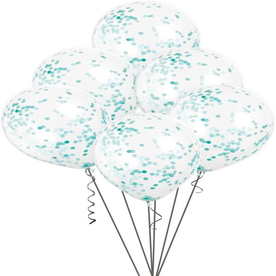 image 1 of Pack of 6 Clear Latex Balloons with Caribbean Teal Confetti 12"