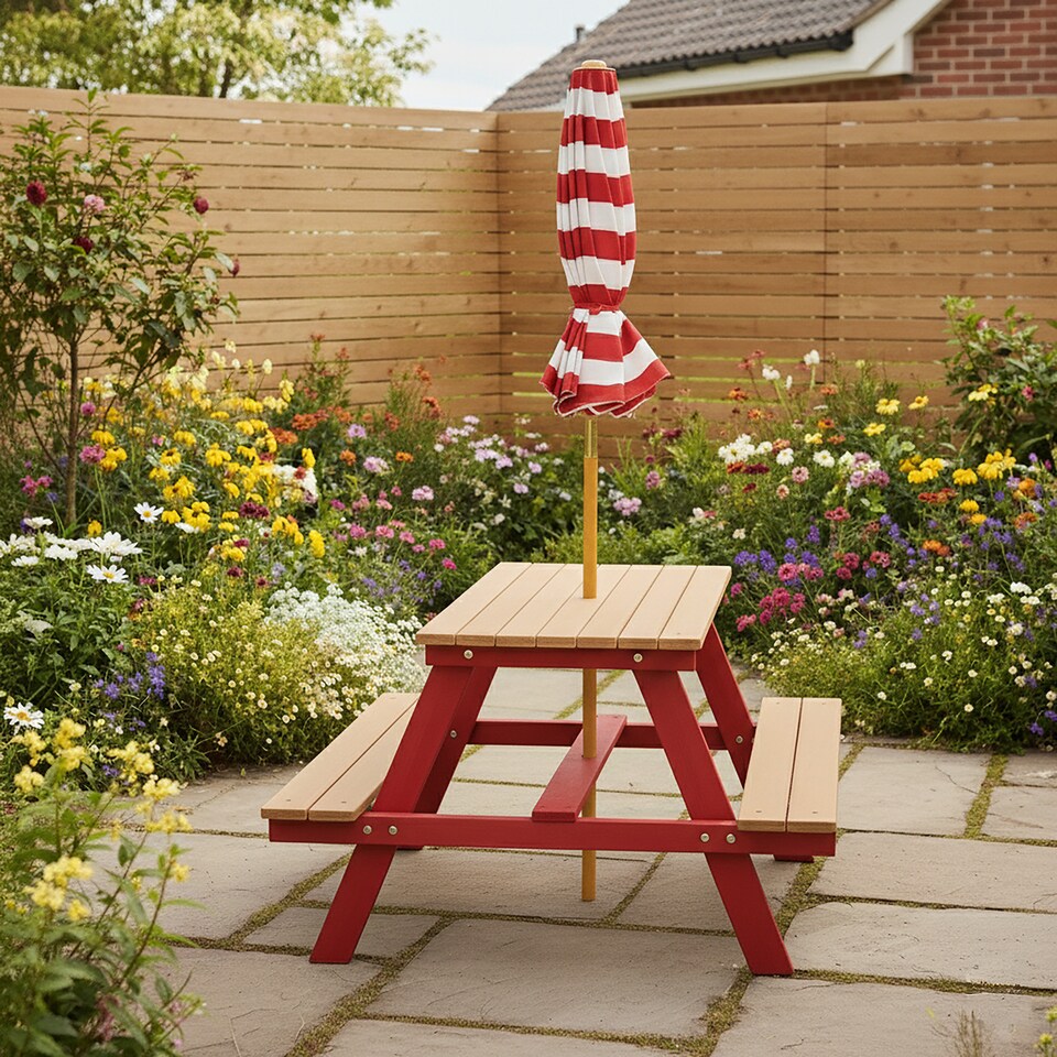 image 1 of Teamson Kids Children's Wooden Picnic Table with Umbrella for Outdoor Garden Play, Red