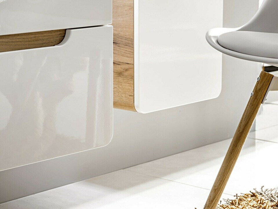 image 1 of Small Bathroom Vanity with Sink Wall Hung Unit 400mm Cloakroom Cabinet with Drawers White Gloss Oak Aruba