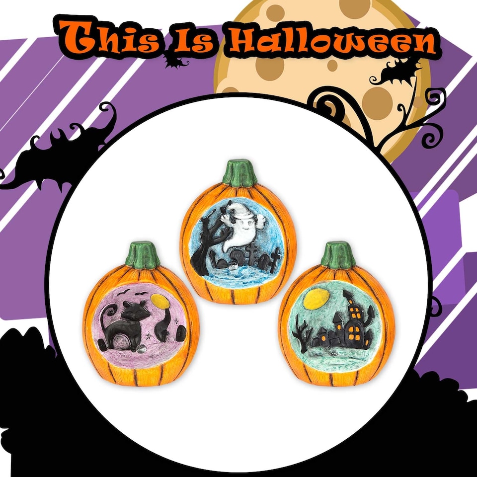 image 1 of vfm-estore Halloween LED Pumpkin Scenes 3-Pack - Cat, Ghost, House Multicolour Decorations